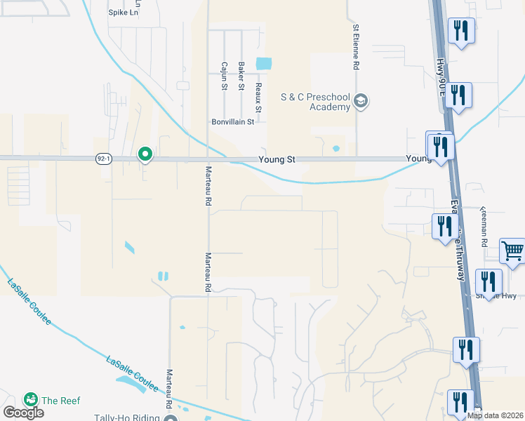 map of restaurants, bars, coffee shops, grocery stores, and more near Whispering Meadows Road in Broussard
