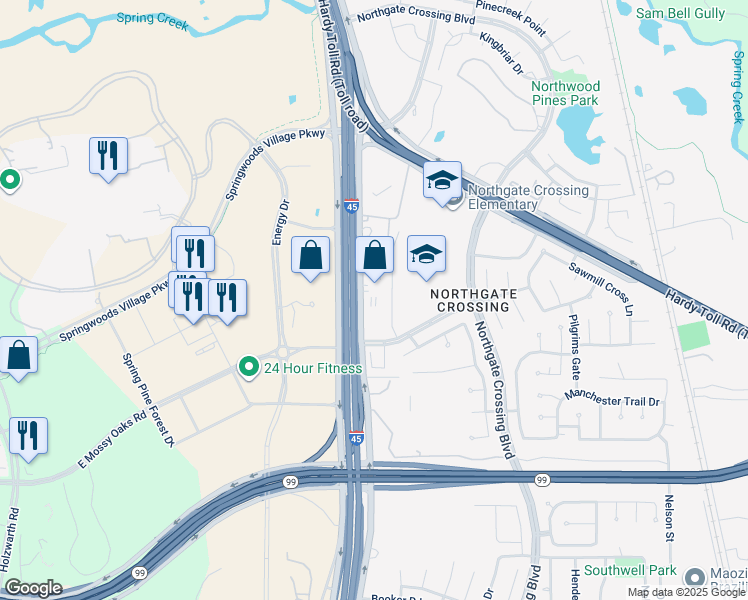 map of restaurants, bars, coffee shops, grocery stores, and more near 23110 Interstate 45 in Spring