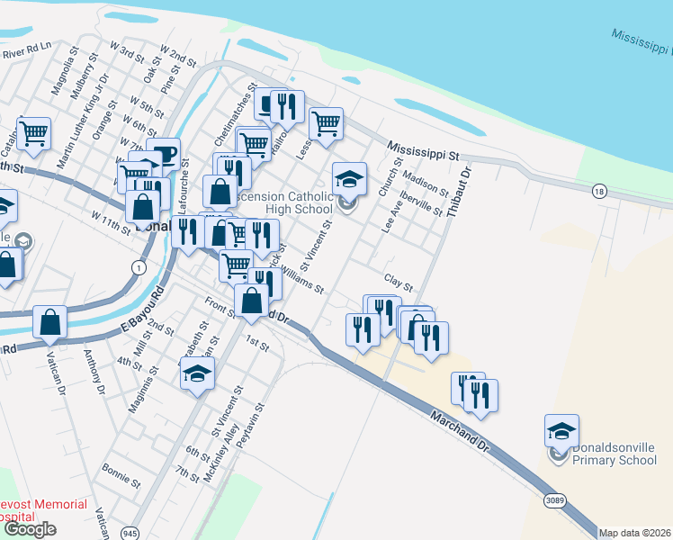 map of restaurants, bars, coffee shops, grocery stores, and more near 724 1/2 Church St in Donaldsonville