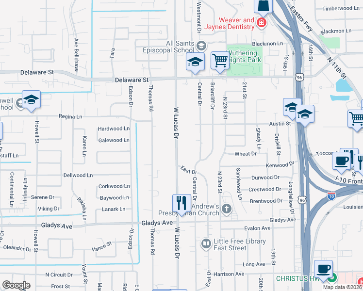 map of restaurants, bars, coffee shops, grocery stores, and more near 1875 West Lucas Drive in Beaumont