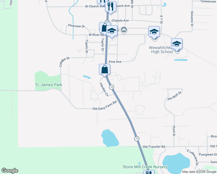 map of restaurants, bars, coffee shops, grocery stores, and more near 1303 Florida 71 in Wewahitchka