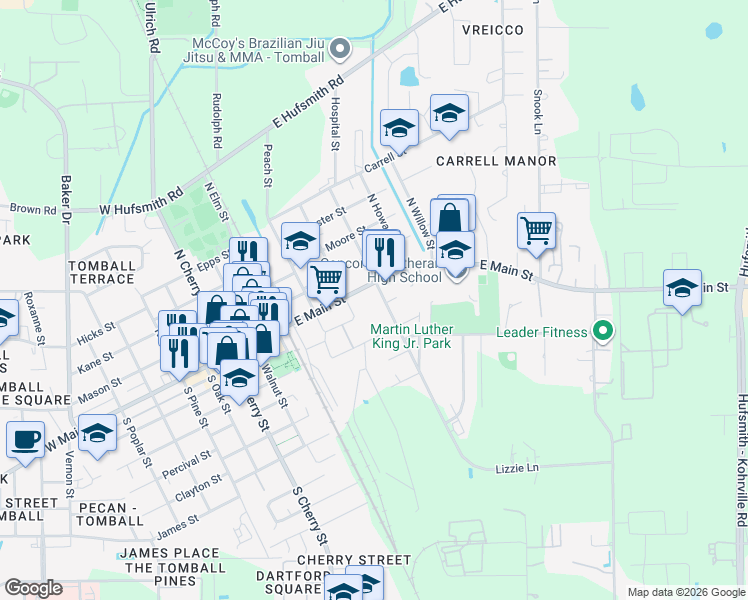map of restaurants, bars, coffee shops, grocery stores, and more near 110 South Chestnut Drive in Tomball