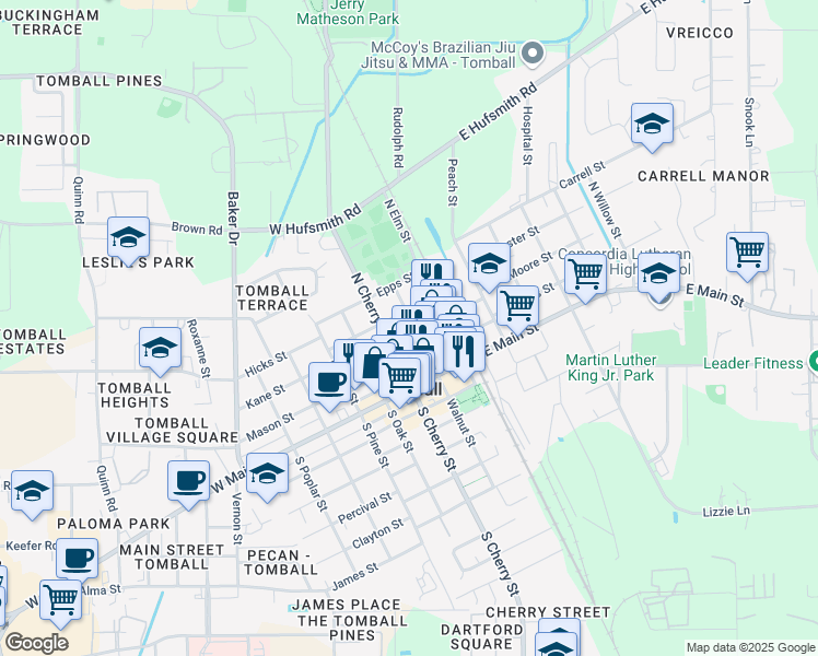 map of restaurants, bars, coffee shops, grocery stores, and more near 200 Houston Street in Tomball