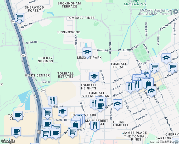 map of restaurants, bars, coffee shops, grocery stores, and more near 1011 Inwood Street in Tomball