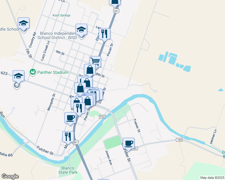 map of restaurants, bars, coffee shops, grocery stores, and more near 6 6th St in Blanco