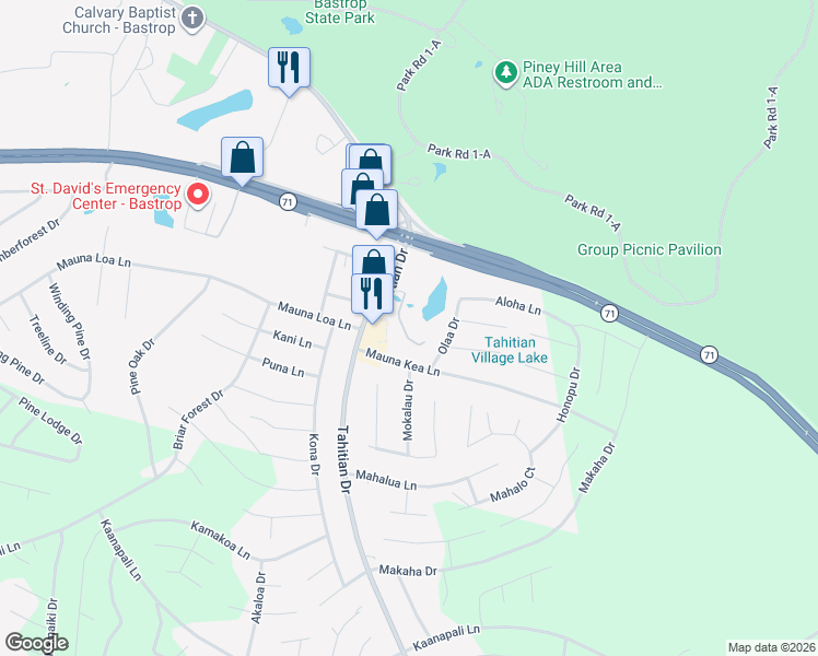 map of restaurants, bars, coffee shops, grocery stores, and more near 126 Conference Drive in Bastrop