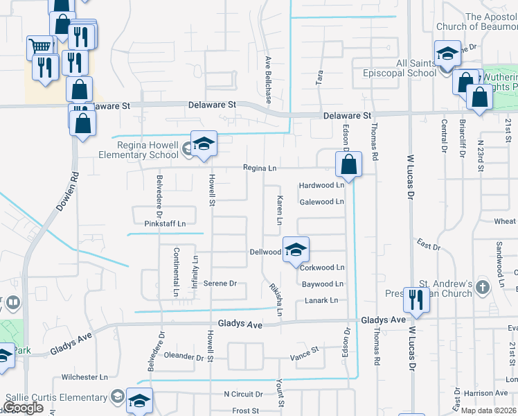 map of restaurants, bars, coffee shops, grocery stores, and more near 1790 Rikisha Lane in Beaumont