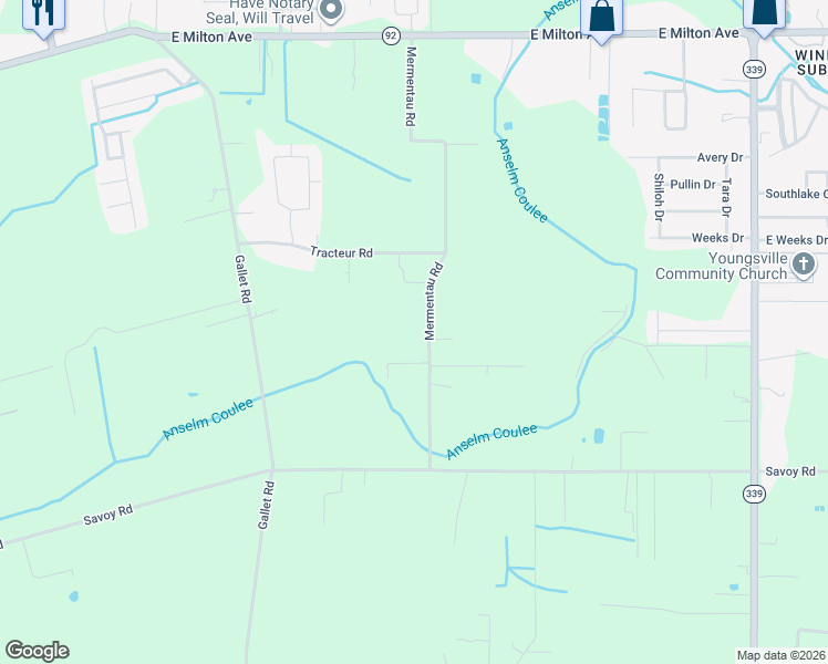 map of restaurants, bars, coffee shops, grocery stores, and more near 442 Mermentau Road in Youngsville