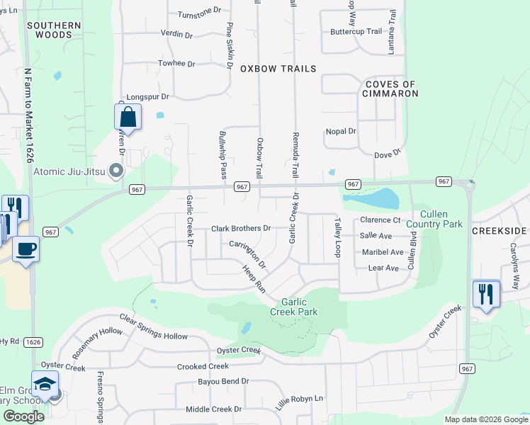 map of restaurants, bars, coffee shops, grocery stores, and more near 156 Crizer Court in Buda