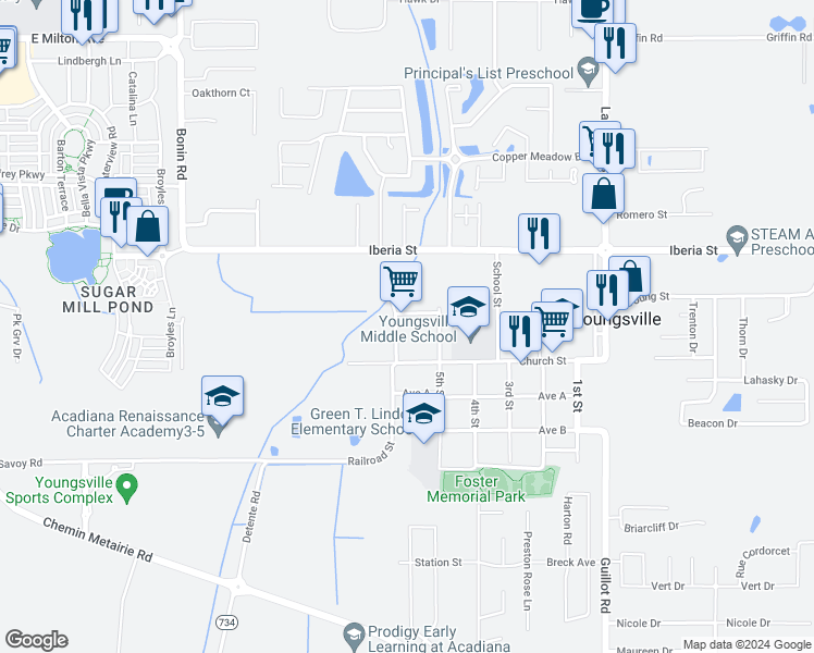 map of restaurants, bars, coffee shops, grocery stores, and more near 108 East Parkwood Drive in Youngsville