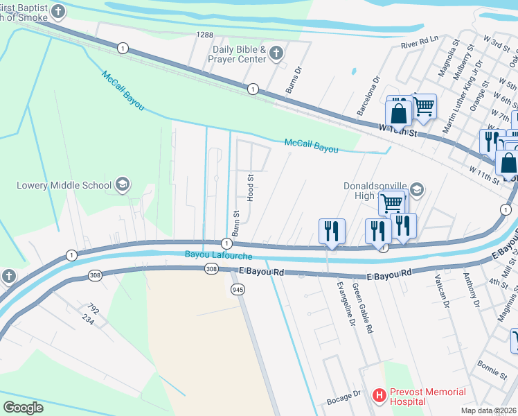 map of restaurants, bars, coffee shops, grocery stores, and more near 124 Market Street in Donaldsonville