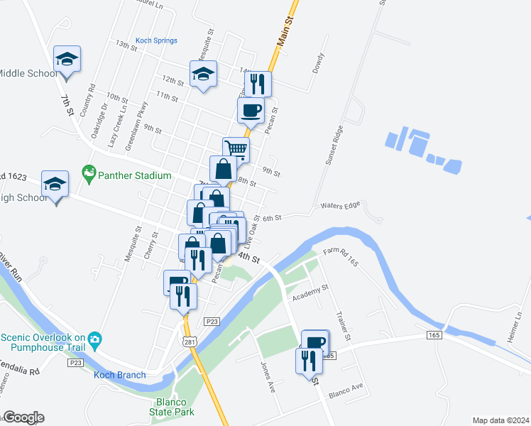 map of restaurants, bars, coffee shops, grocery stores, and more near 4-6 6th St in Blanco