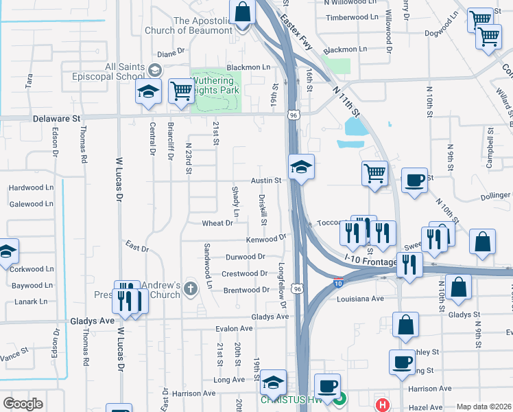 map of restaurants, bars, coffee shops, grocery stores, and more near 1585 Driskill Street in Beaumont