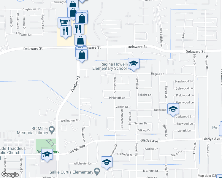 map of restaurants, bars, coffee shops, grocery stores, and more near 6040 Tangledahl Lane in Beaumont
