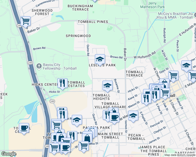 map of restaurants, bars, coffee shops, grocery stores, and more near 900 Inwood Street in Tomball