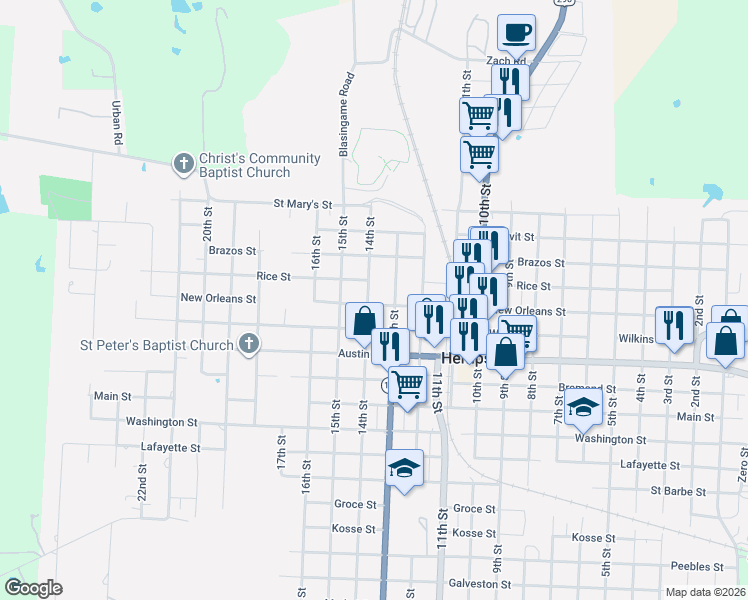 map of restaurants, bars, coffee shops, grocery stores, and more near 615 13th Street in Hempstead