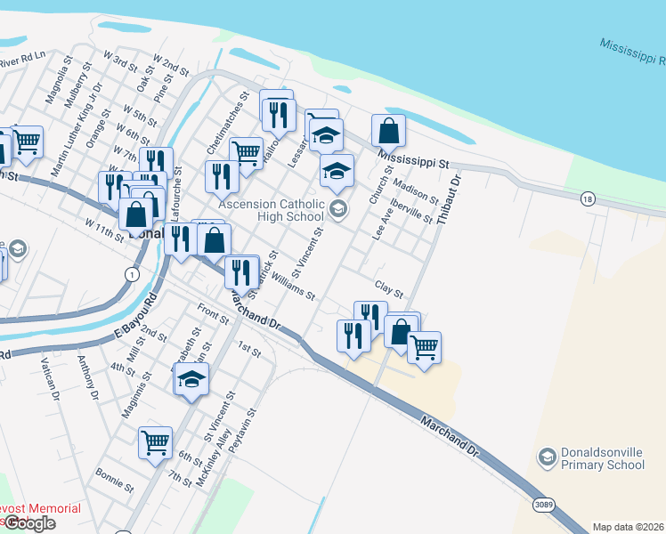 map of restaurants, bars, coffee shops, grocery stores, and more near 724 1/2 Church Street in Donaldsonville