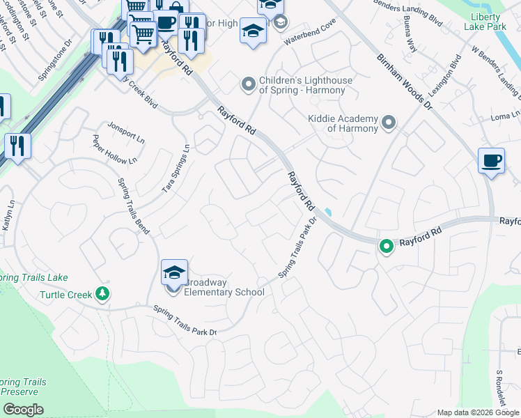 map of restaurants, bars, coffee shops, grocery stores, and more near 27311 Balson Forest in Spring