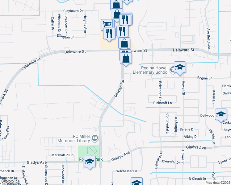 map of restaurants, bars, coffee shops, grocery stores, and more near 1811 Dowlen Road in Beaumont