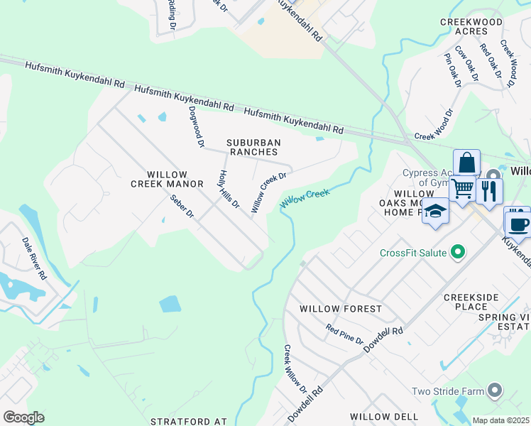 map of restaurants, bars, coffee shops, grocery stores, and more near 8522 Kerr Drive in Tomball