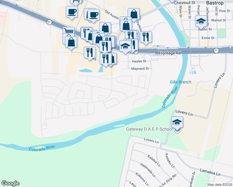 map of restaurants, bars, coffee shops, grocery stores, and more near 109 Crooked Trail in Bastrop