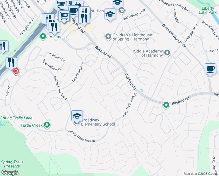 map of restaurants, bars, coffee shops, grocery stores, and more near 2518 Marufo Vega Drive in Spring