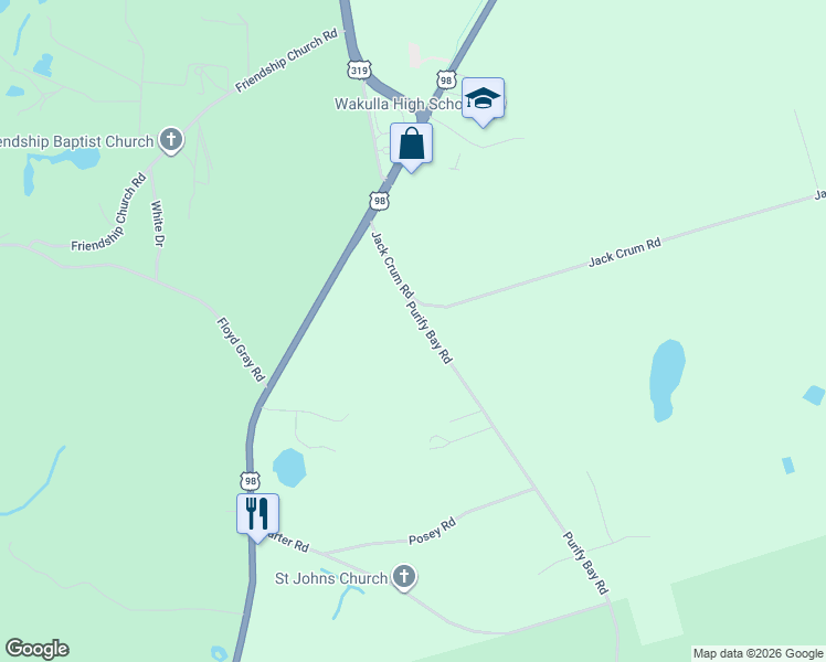 map of restaurants, bars, coffee shops, grocery stores, and more near 29 Purify Bay Road in Crawfordville