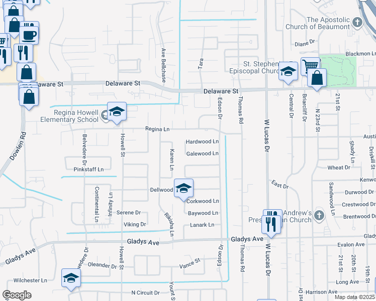 map of restaurants, bars, coffee shops, grocery stores, and more near 1995 Carson Drive in Beaumont