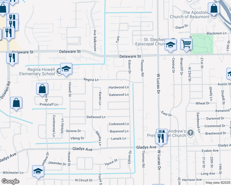 map of restaurants, bars, coffee shops, grocery stores, and more near 4725 Hardwood Lane in Beaumont