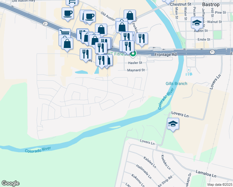 map of restaurants, bars, coffee shops, grocery stores, and more near 117 Headwaters Drive in Bastrop