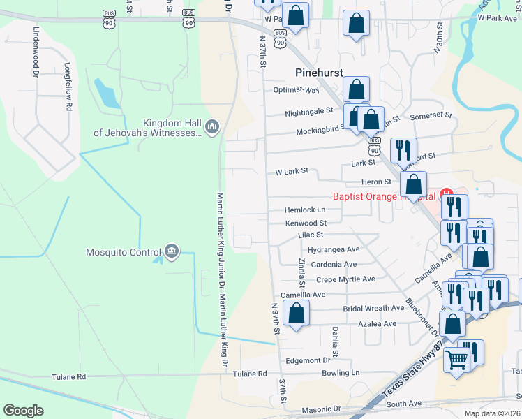 map of restaurants, bars, coffee shops, grocery stores, and more near 1305 North 37th Street in Orange