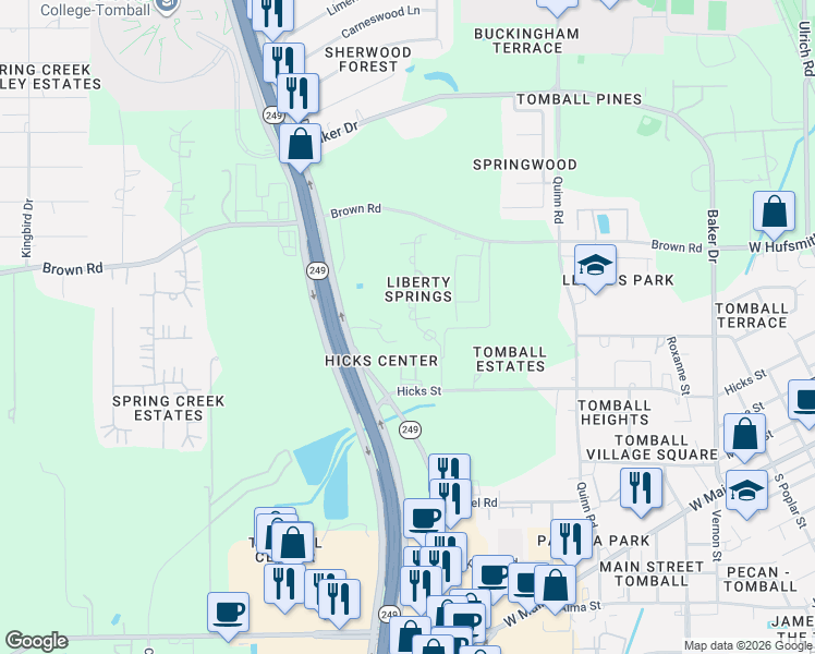 map of restaurants, bars, coffee shops, grocery stores, and more near 29503 Liberty Lane in Tomball