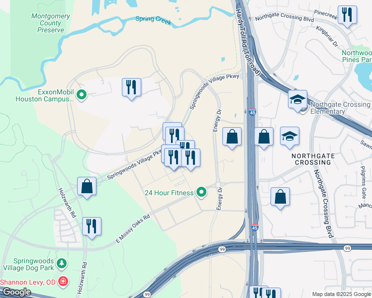 map of restaurants, bars, coffee shops, grocery stores, and more near 1600 Springwoods Plaza Drive in Spring