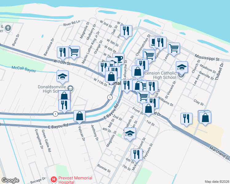 map of restaurants, bars, coffee shops, grocery stores, and more near 3739 Louisiana 1 in Donaldsonville