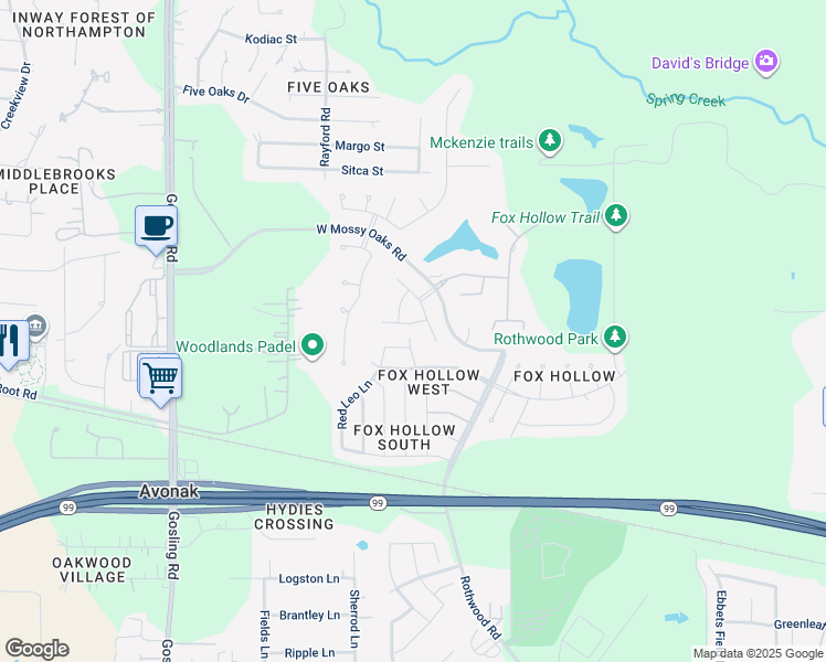 map of restaurants, bars, coffee shops, grocery stores, and more near 23002 Mulberry Tree Lane in Spring