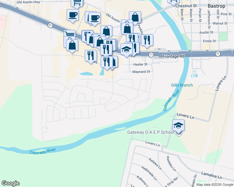 map of restaurants, bars, coffee shops, grocery stores, and more near 104 Crooked Trail in Bastrop