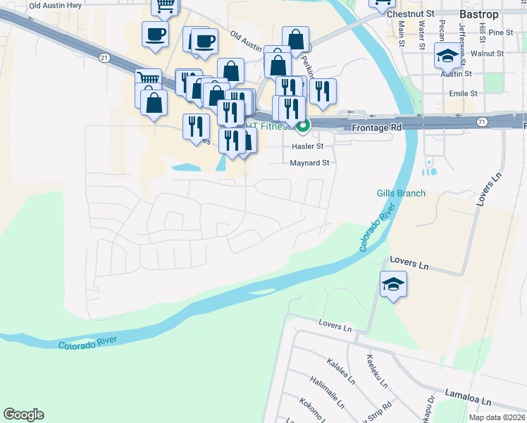 map of restaurants, bars, coffee shops, grocery stores, and more near 102 Crooked Trail in Bastrop