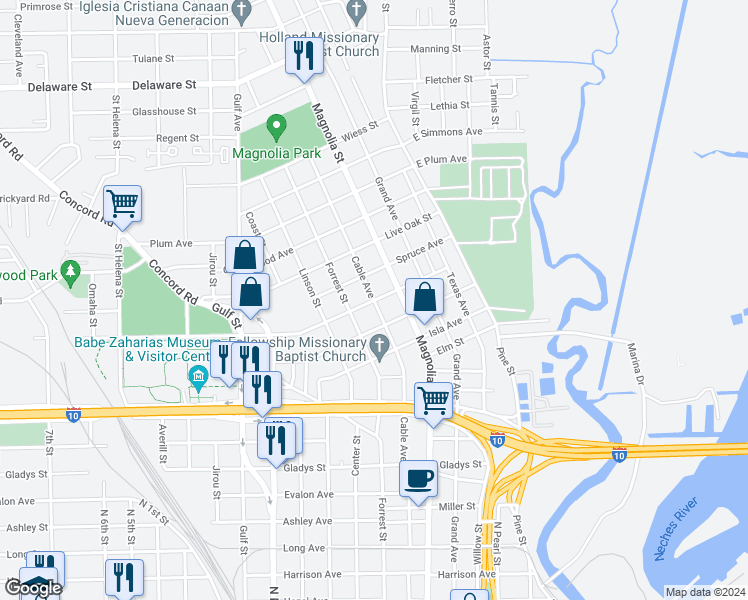 map of restaurants, bars, coffee shops, grocery stores, and more near 2201 Cable Avenue in Beaumont