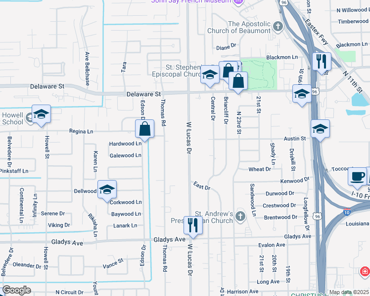 map of restaurants, bars, coffee shops, grocery stores, and more near 2015 West Lucas Drive in Beaumont