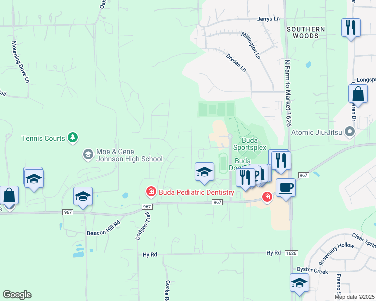 map of restaurants, bars, coffee shops, grocery stores, and more near 3830 Farm to Market 967 in Buda