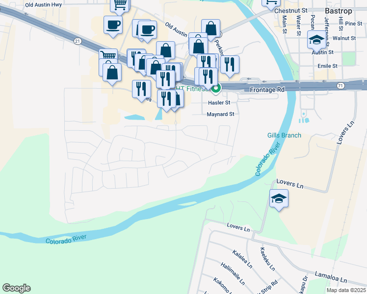 map of restaurants, bars, coffee shops, grocery stores, and more near 106 Crooked Trail in Bastrop