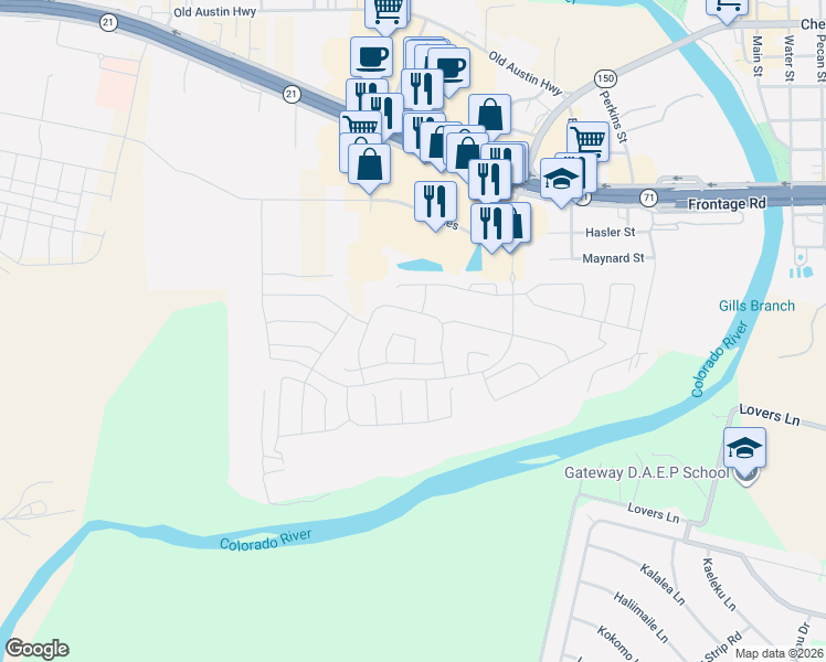 map of restaurants, bars, coffee shops, grocery stores, and more near 204 Cold Spring Loop in Bastrop