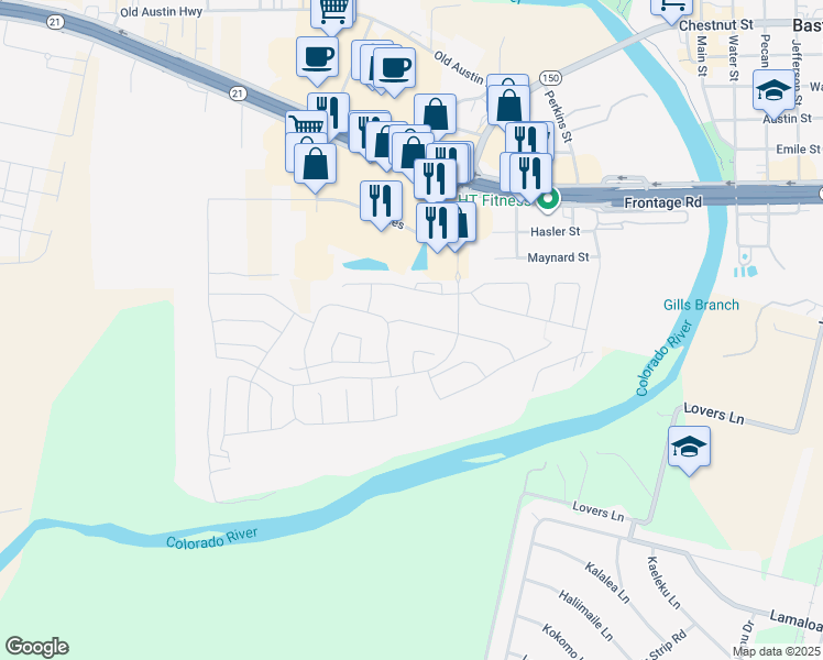 map of restaurants, bars, coffee shops, grocery stores, and more near 126 Trailstone Drive in Bastrop