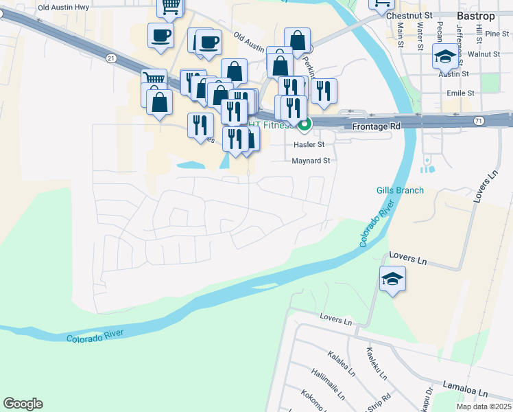 map of restaurants, bars, coffee shops, grocery stores, and more near 104 Crooked Trail in Bastrop