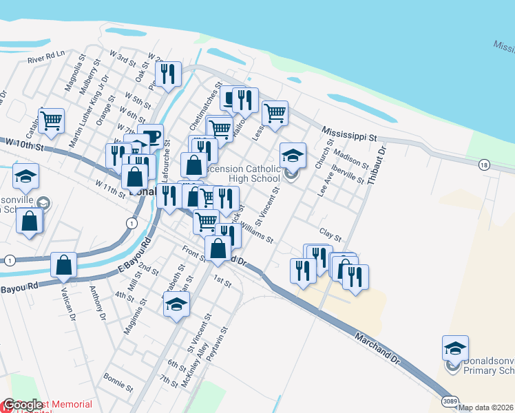 map of restaurants, bars, coffee shops, grocery stores, and more near 617 Charles Street in Donaldsonville