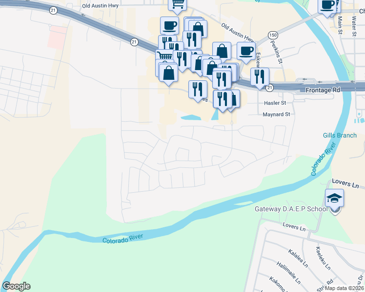 map of restaurants, bars, coffee shops, grocery stores, and more near 208 Cold Spring Loop in Bastrop