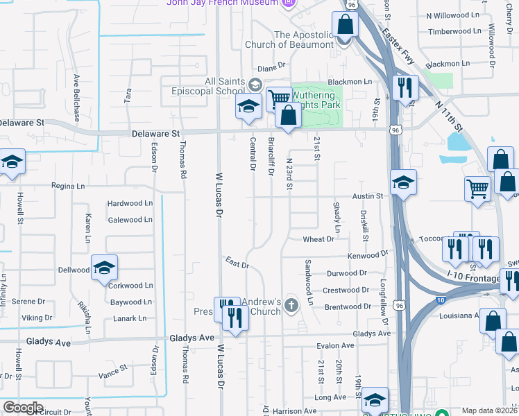 map of restaurants, bars, coffee shops, grocery stores, and more near 2099 Briarcliff Drive in Beaumont