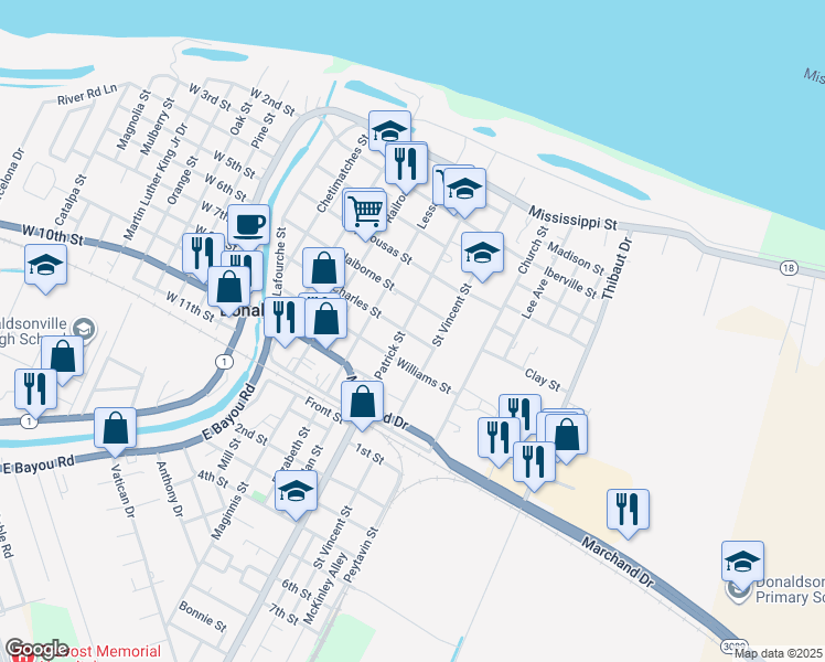 map of restaurants, bars, coffee shops, grocery stores, and more near 617 Charles Street in Donaldsonville
