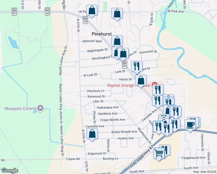 map of restaurants, bars, coffee shops, grocery stores, and more near 3609 Ridgemont Drive in Orange