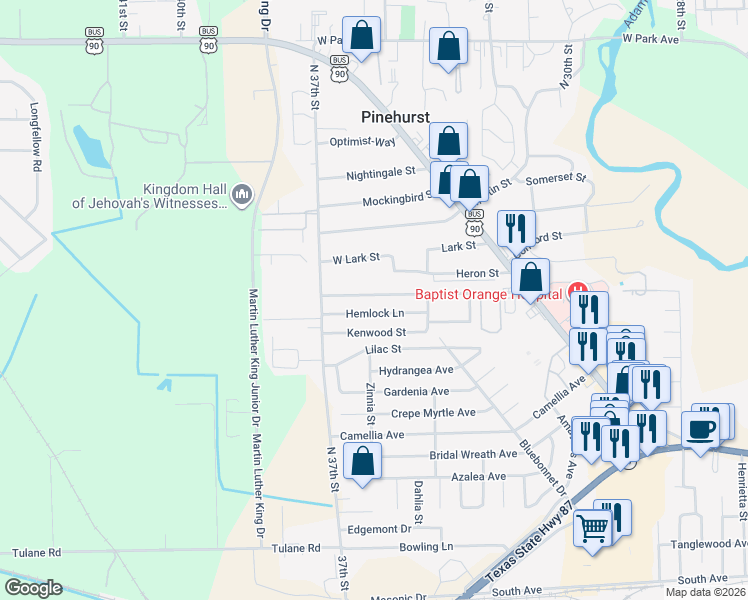map of restaurants, bars, coffee shops, grocery stores, and more near 3669 Ridgemont Drive in Orange